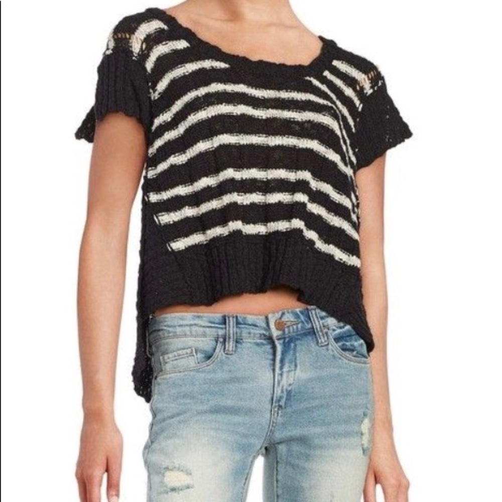 Black and White striped knit short sleeve sweater